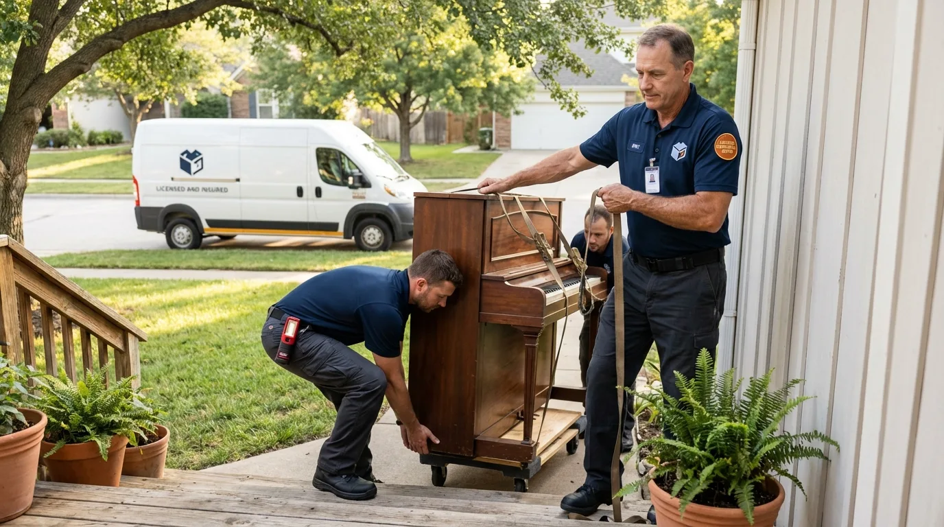Licensed piano movers securing grand piano in Gettysburg, PA