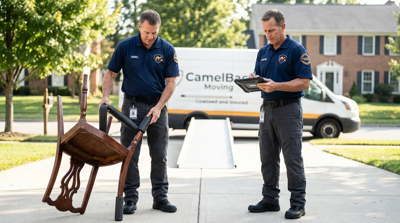 Movers inspecting furniture for damage prevention before loading in Gettysburg, PA