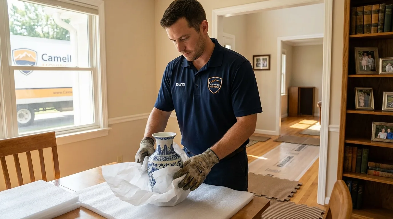 Professional crew carefully wrapping antique vase for senior downsizing move in Gettysburg, PA